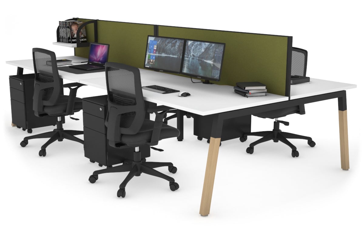 Quadro A Leg 4 Person Office Workstations - Wood Leg Cross Beam [1200L x 800W with Cable Scallop] Jasonl black leg white green moss (500H x 1200W)