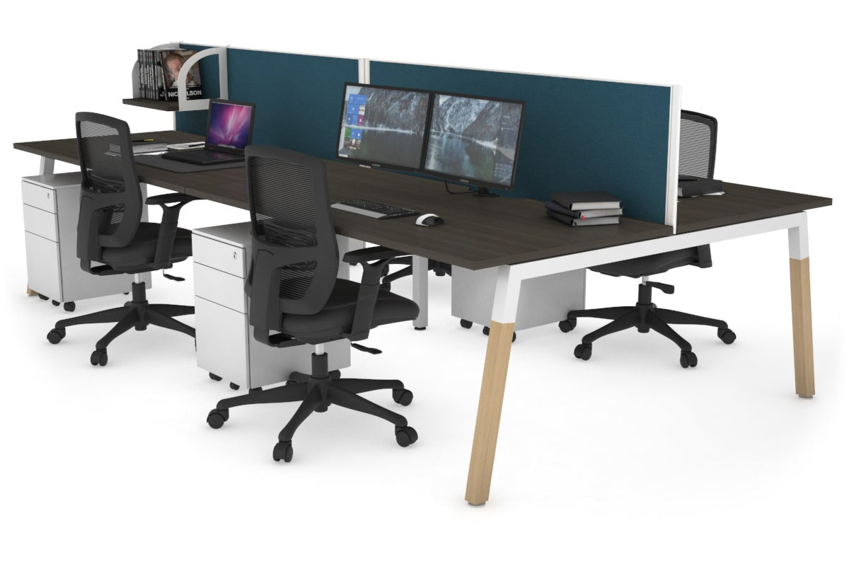 Quadro A Leg 4 Person Office Workstations - Wood Leg Cross Beam [1200L x 800W with Cable Scallop] Jasonl white leg dark oak deep blue (500H x 1200W)