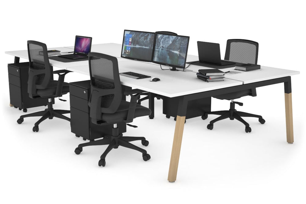 Quadro A Legs 4 Person Office Workstation - Wood Legs Cross Beam [1200L x 800W with Cable Scallop]-black leg white none