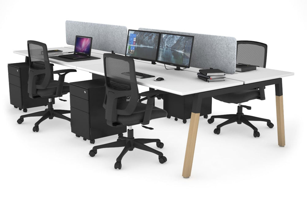 Quadro A Legs 4 Person Office Workstation - Wood Legs Cross Beam [1400L x 700W]-black leg white light grey acoustic panel (400H x 1200W)