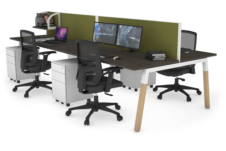 Quadro A Leg 4 Person Office Workstations - Wood Leg Cross Beam [1400L x 700W] Jasonl white leg dark oak green moss (500H x 1400W)