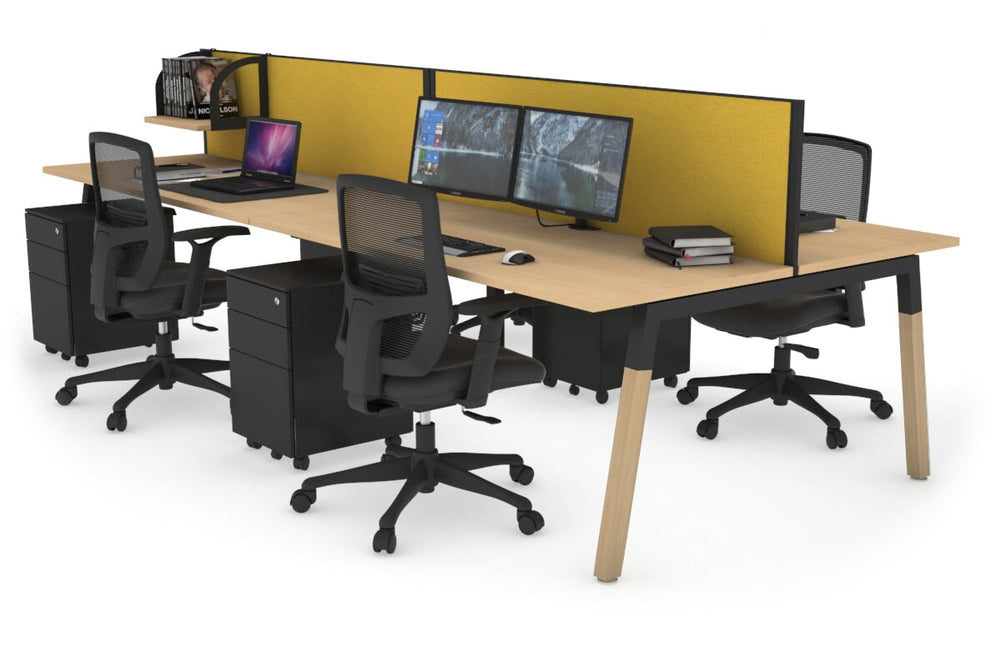 Quadro A Legs 4 Person Office Workstation - Wood Legs Cross Beam [1400L x 700W]-black leg maple mustard yellow (500H x 1400W)