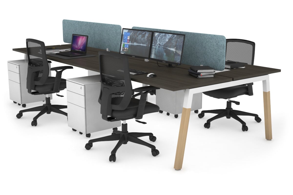 Quadro A Leg 4 Person Office Workstations - Wood Leg Cross Beam [1400L x 700W] Jasonl white leg dark oak blue echo panel (400H x 1200W)