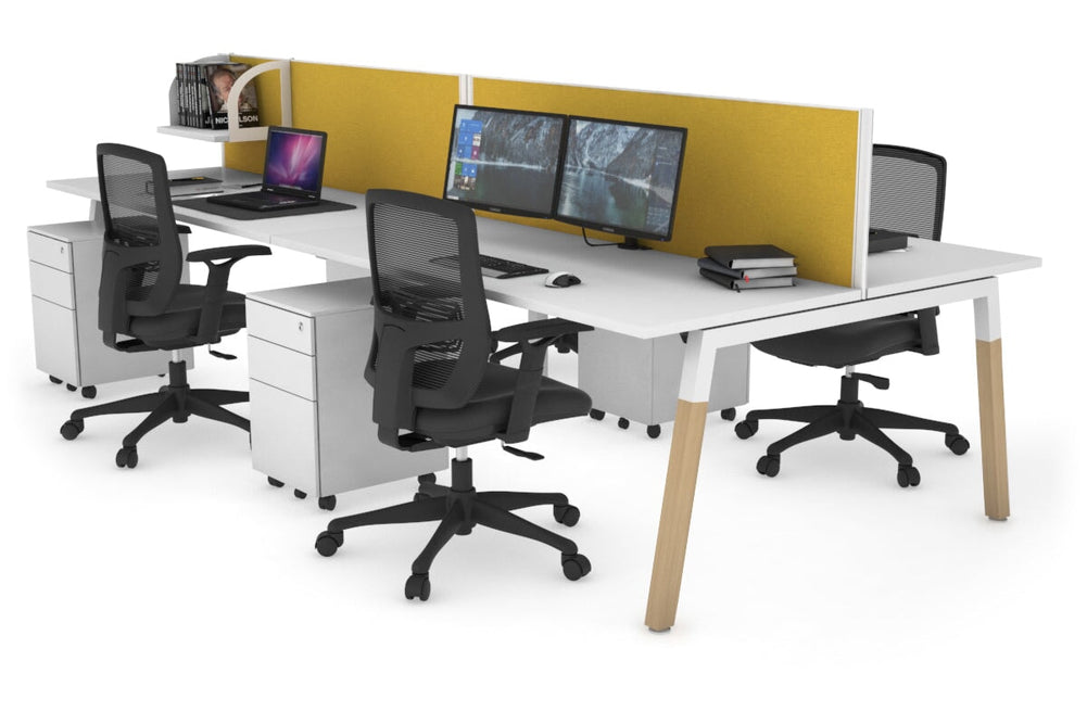 Quadro A Legs 4 Person Office Workstation - Wood Legs Cross Beam [1400L x 700W]-white leg white mustard yellow (500H x 1400W)