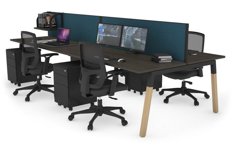 Quadro A Leg 4 Person Office Workstations - Wood Leg Cross Beam [1400L x 700W] Jasonl black leg dark oak deep blue (500H x 1400W)