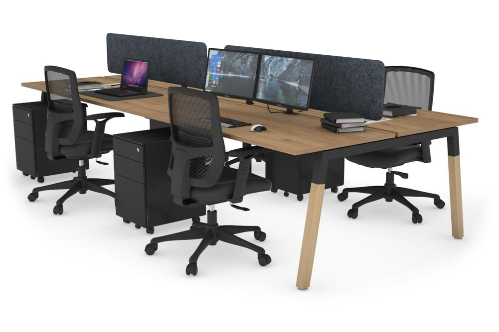 Quadro A Legs 4 Person Office Workstation - Wood Legs Cross Beam [1400L x 700W]-black leg salvage oak dark grey acoustic panel (400H x 1200W)