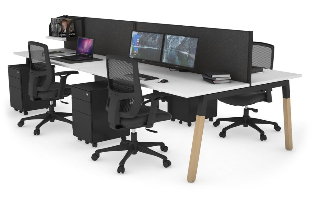 Quadro A Legs 4 Person Office Workstation - Wood Legs Cross Beam [1400L x 700W]-black leg white moody charcoal (500H x 1400W)
