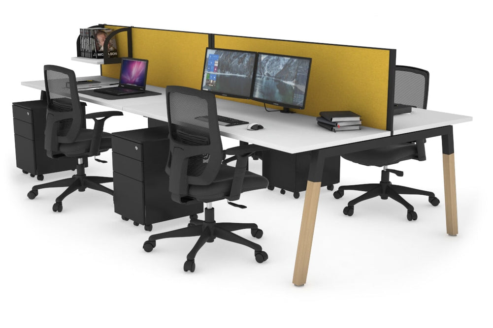 Quadro A Legs 4 Person Office Workstation - Wood Legs Cross Beam [1400L x 700W]-black leg white mustard yellow (500H x 1400W)