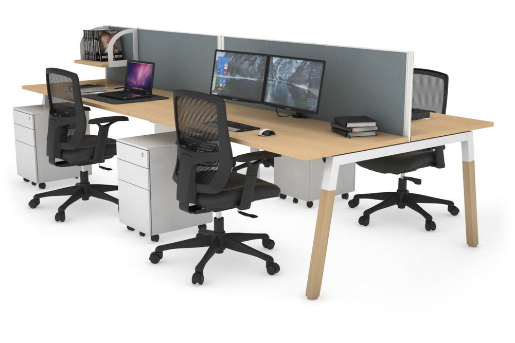 Quadro A Legs 4 Person Office Workstation - Wood Legs Cross Beam [1400L x 700W]-white leg maple cool grey (500H x 1400W)