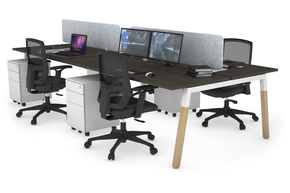 Quadro A Legs 4 Person Office Workstation - Wood Legs Cross Beam [1400L x 700W]-white leg dark oak light grey acoustic panel (400H x 1200W)