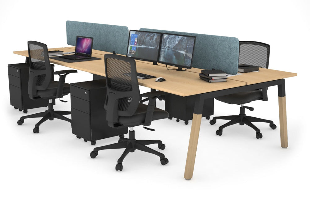 Quadro A Legs 4 Person Office Workstation - Wood Legs Cross Beam [1400L x 700W]-black leg maple blue acoustic panel (400H x 1200W)