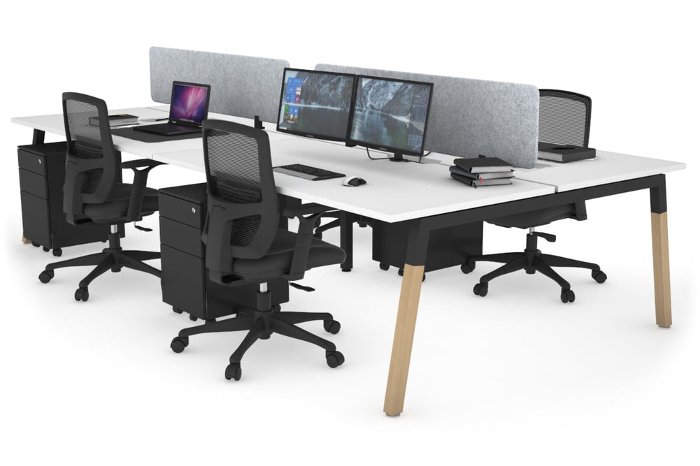 Quadro A Legs 4 Person Office Workstation - Wood Legs Cross Beam [1400L x 800W with Cable Scallop]-black leg white light grey acoustic panel (400H x 1200W)