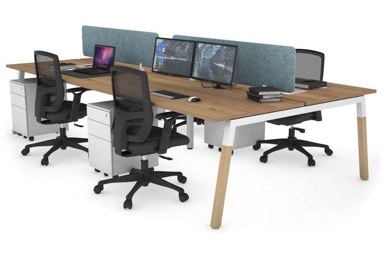 Quadro A Leg 4 Person Office Workstations - Wood Leg Cross Beam [1400L x 800W with Cable Scallop] Jasonl white leg salvage oak blue echo panel (400H x 1200W)
