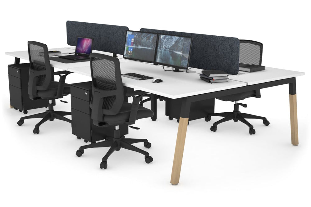 Quadro A Legs 4 Person Office Workstation - Wood Legs Cross Beam [1400L x 800W with Cable Scallop]-black leg white dark grey acoustic panel (400H x 1200W)