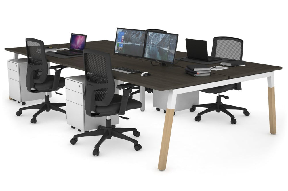 Quadro A Legs 4 Person Office Workstation - Wood Legs Cross Beam [1400L x 800W with Cable Scallop]-white leg dark oak none