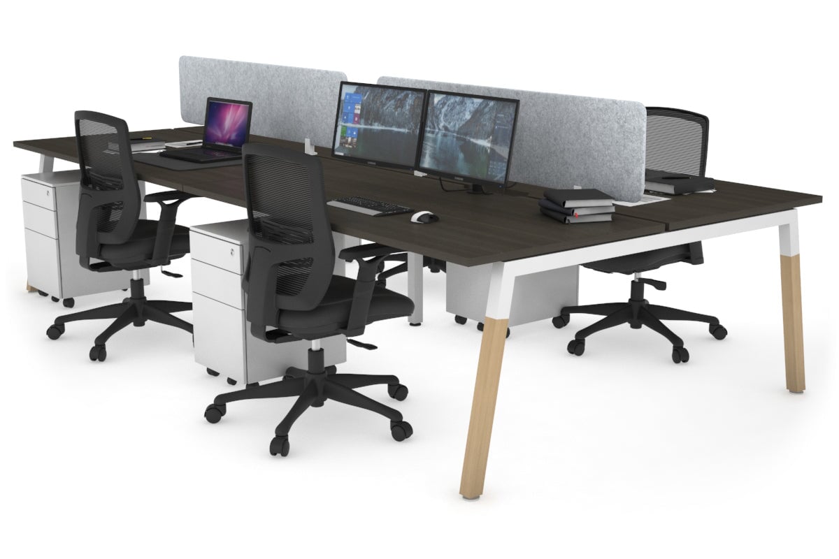 Quadro A Leg 4 Person Office Workstations - Wood Leg Cross Beam [1400L x 800W with Cable Scallop] Jasonl white leg dark oak light grey echo panel (400H x 1200W)