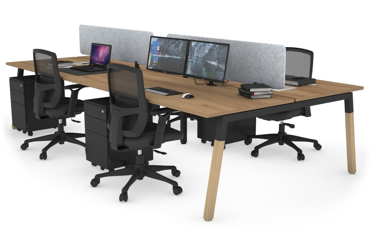 Quadro A Leg 4 Person Office Workstations - Wood Leg Cross Beam [1400L x 800W with Cable Scallop] Jasonl black leg salvage oak light grey echo panel (400H x 1200W)