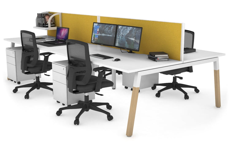 Quadro A Leg 4 Person Office Workstations - Wood Leg Cross Beam [1400L x 800W with Cable Scallop] Jasonl white leg white mustard yellow (500H x 1400W)