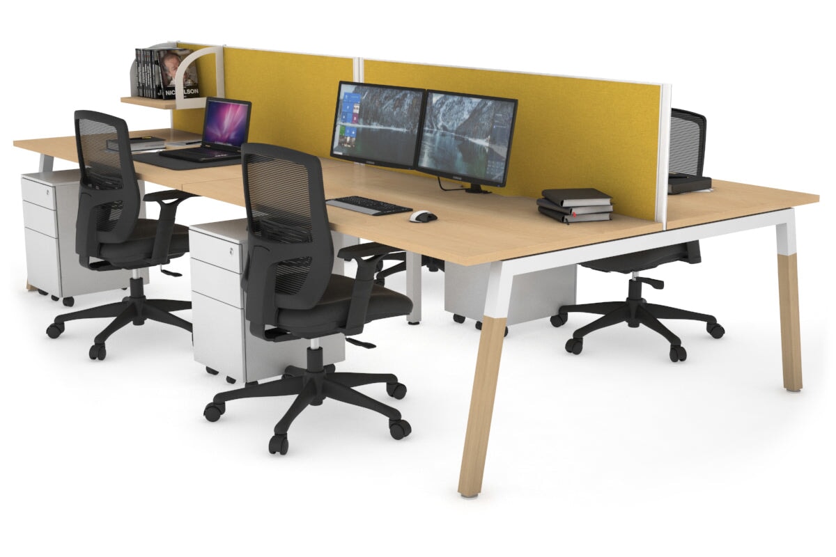Quadro A Leg 4 Person Office Workstations - Wood Leg Cross Beam [1400L x 800W with Cable Scallop] Jasonl white leg maple mustard yellow (500H x 1400W)