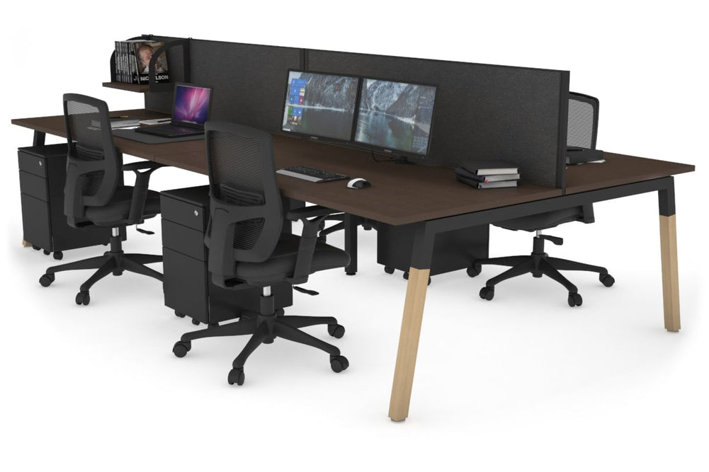 Quadro A Legs 4 Person Office Workstation - Wood Legs Cross Beam [1400L x 800W with Cable Scallop]-black leg dark oak moody charcoal (500H x 1400W)