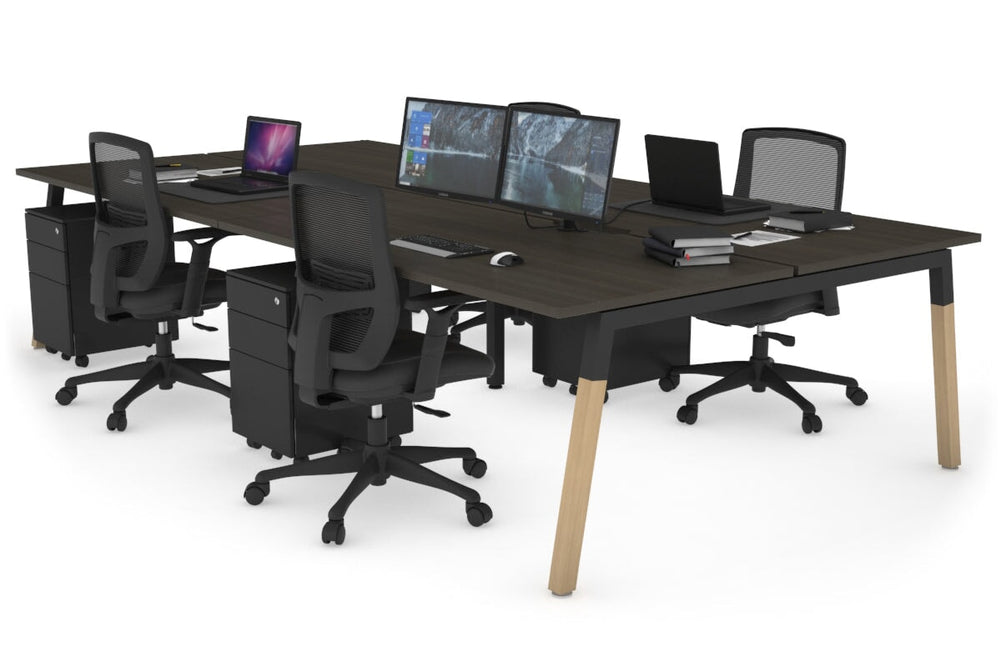 Quadro A Legs 4 Person Office Workstation - Wood Legs Cross Beam [1400L x 800W with Cable Scallop]-black leg dark oak none