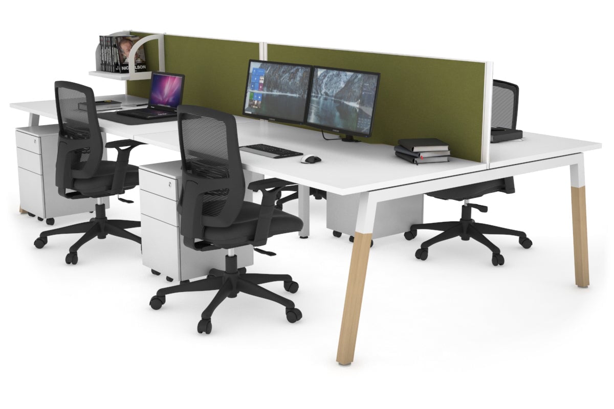 Quadro A Leg 4 Person Office Workstations - Wood Leg Cross Beam [1400L x 800W with Cable Scallop] Jasonl white leg white green moss (500H x 1400W)