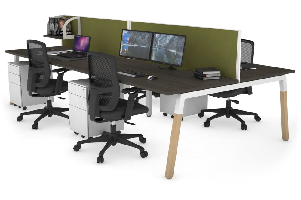 Quadro A Legs 4 Person Office Workstation - Wood Legs Cross Beam [1400L x 800W with Cable Scallop]-white leg dark oak green moss (500H x 1400W)