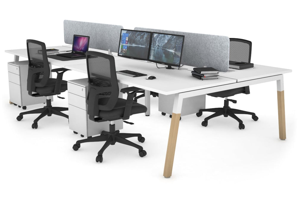Quadro A Legs 4 Person Office Workstation - Wood Legs Cross Beam [1400L x 800W with Cable Scallop]-white leg white light grey acoustic panel (400H x 1200W)