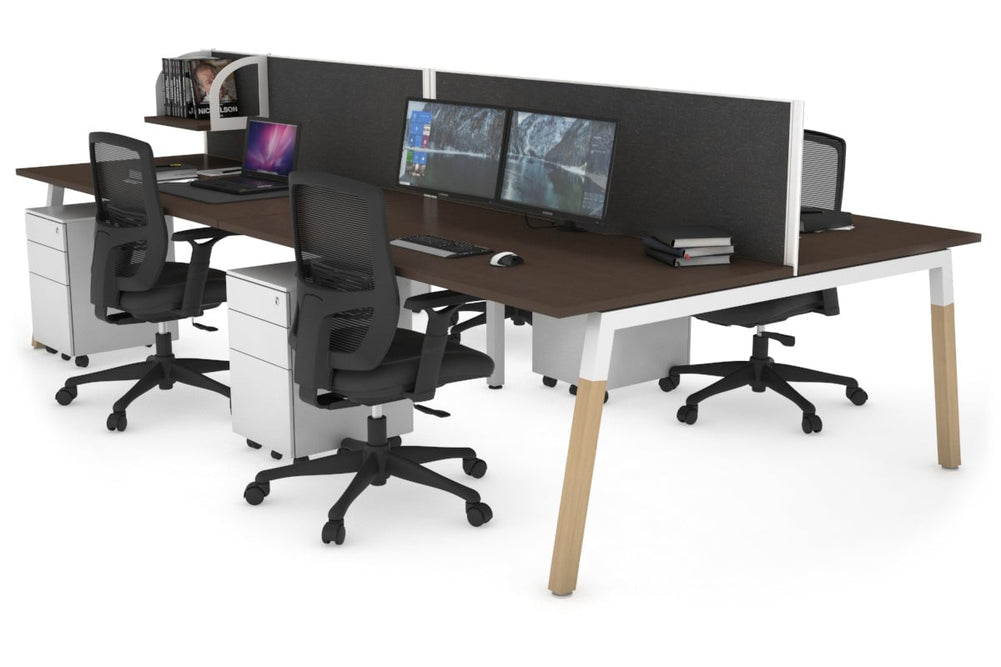 Quadro A Legs 4 Person Office Workstation - Wood Legs Cross Beam [1400L x 800W with Cable Scallop]-black leg dark oak moody charcoal (500H x 1400W)