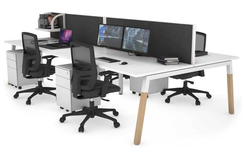 Quadro A Legs 4 Person Office Workstation - Wood Legs Cross Beam [1400L x 800W with Cable Scallop]-white leg white moody charcoal (500H x 1400W)