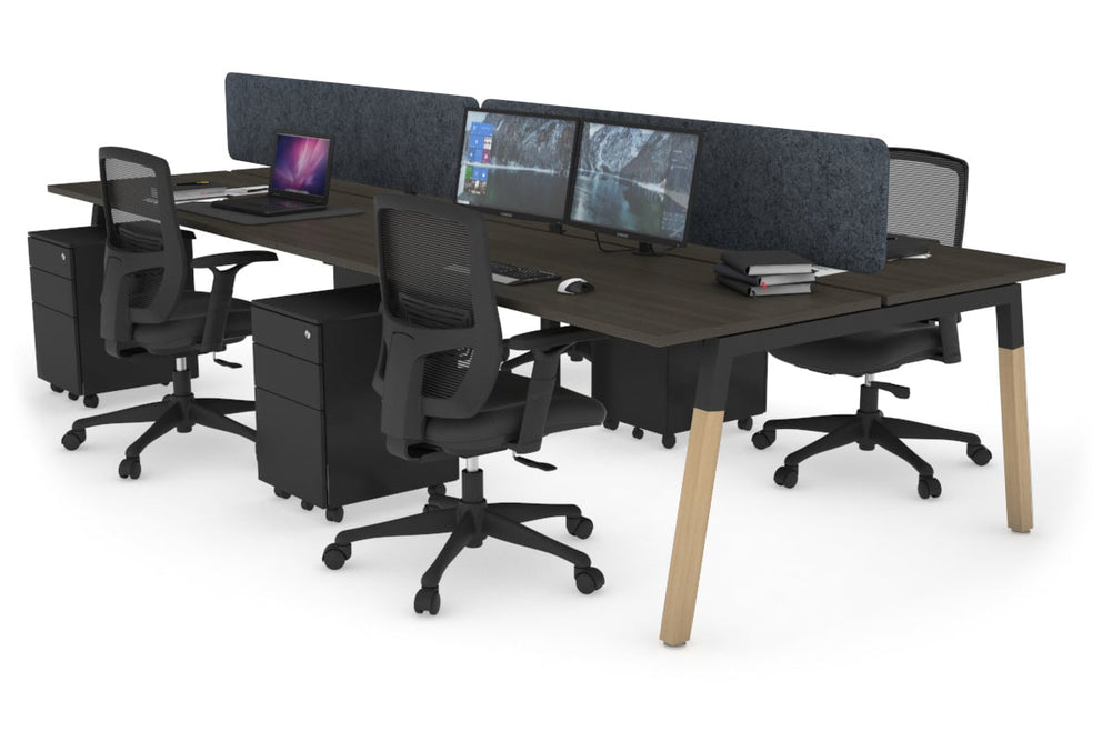 Quadro A Legs 4 Person Office Workstation - Wood Legs Cross Beam [1600L x 700W]-black leg dark oak dark grey acoustic panel (400H x 1600W)