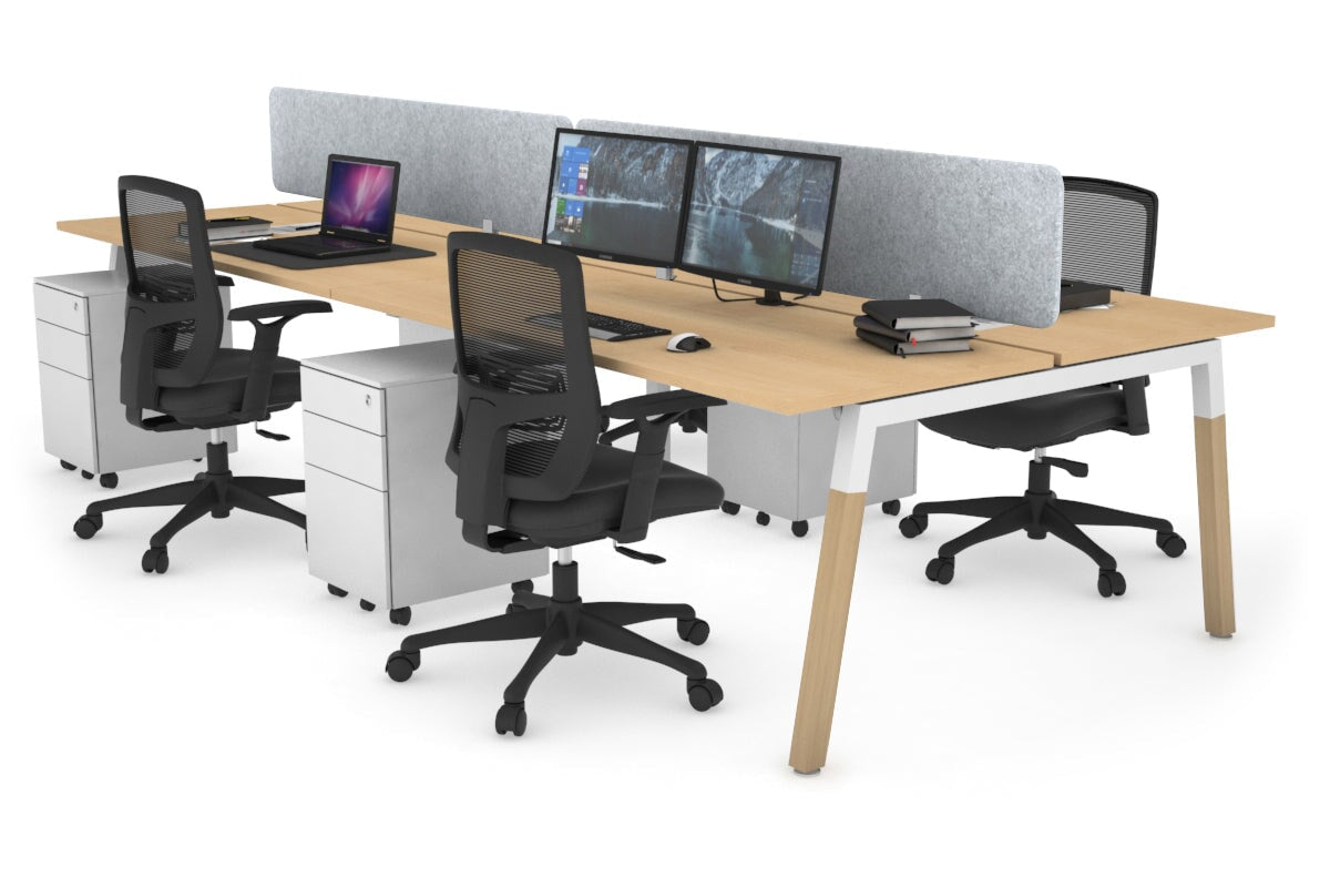 Quadro A Legs 4 Person Office Workstation - Wood Legs Cross Beam [1600L x 700W]-white leg maple light grey echo panel (400H x 1600W)