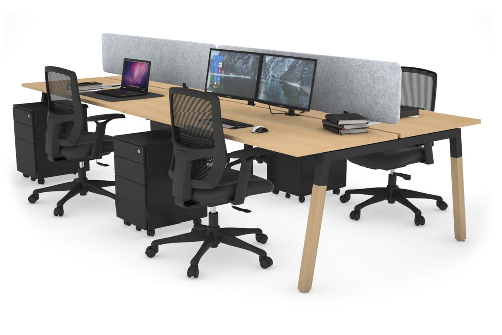 Quadro A Legs 4 Person Office Workstation - Wood Legs Cross Beam [1600L x 700W]-black leg maple light grey acoustic panel (400H x 1600W)
