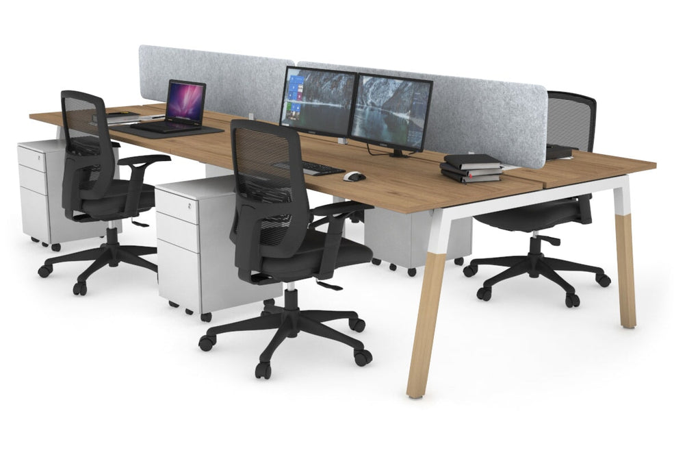 Quadro A Legs 4 Person Office Workstation - Wood Legs Cross Beam [1600L x 700W]-white leg salvage oak light grey acoustic panel (400H x 1600W)