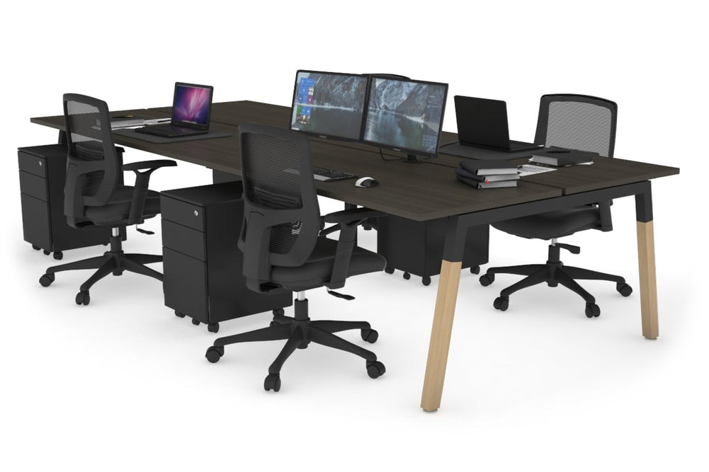 Quadro A Legs 4 Person Office Workstation - Wood Legs Cross Beam [1600L x 700W]-black leg dark oak none