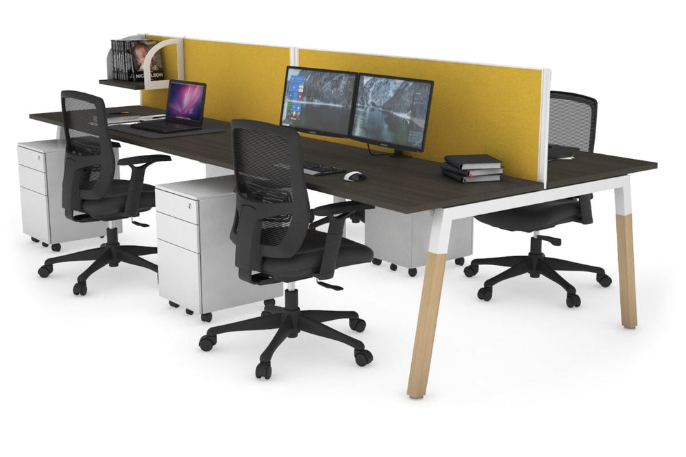 Quadro A Legs 4 Person Office Workstation - Wood Legs Cross Beam [1600L x 700W]-white leg dark oak mustard yellow (500H x 1600W)