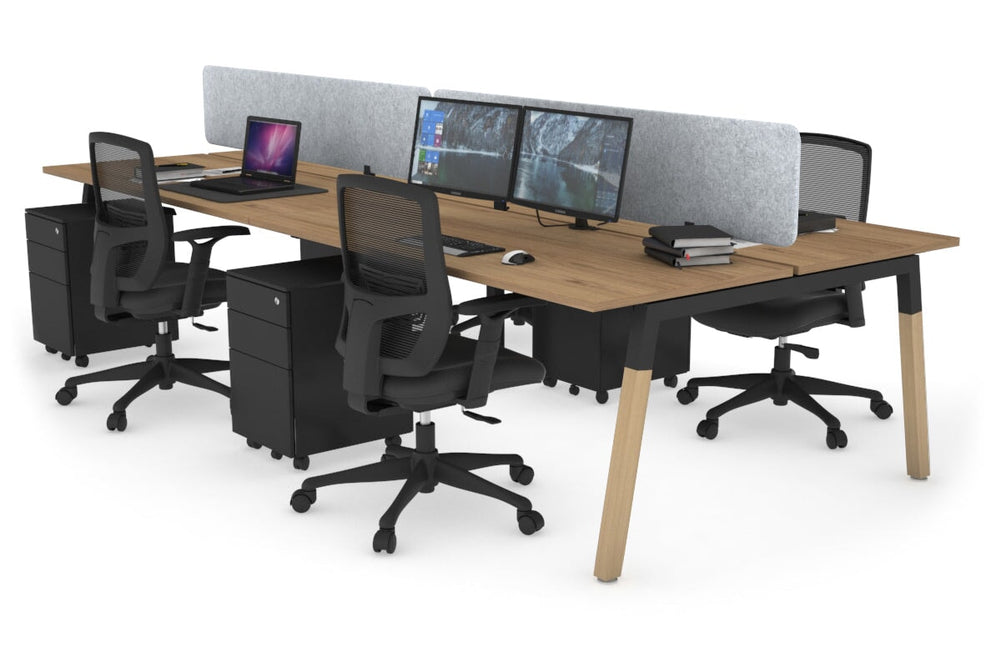 Quadro A Legs 4 Person Office Workstation - Wood Legs Cross Beam [1600L x 700W]-black leg salvage oak light grey acoustic panel (400H x 1600W)