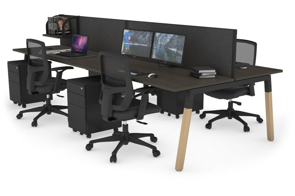 Quadro A Legs 4 Person Office Workstation - Wood Legs Cross Beam [1600L x 700W]-black leg dark oak moody charcoal (500H x 1600W)