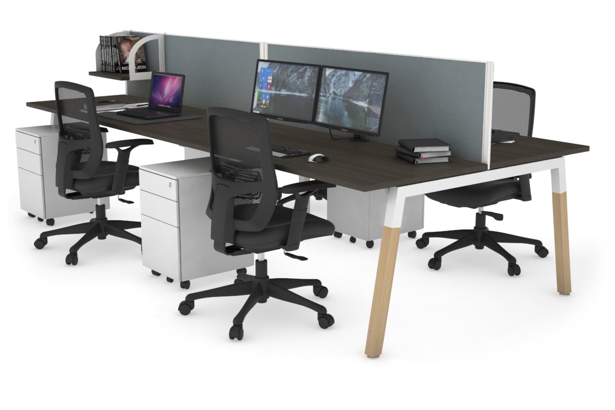 Quadro A Leg 4 Person Office Workstations - Wood Leg Cross Beam [1600L x 700W] Jasonl white leg dark oak cool grey (500H x 1600W)