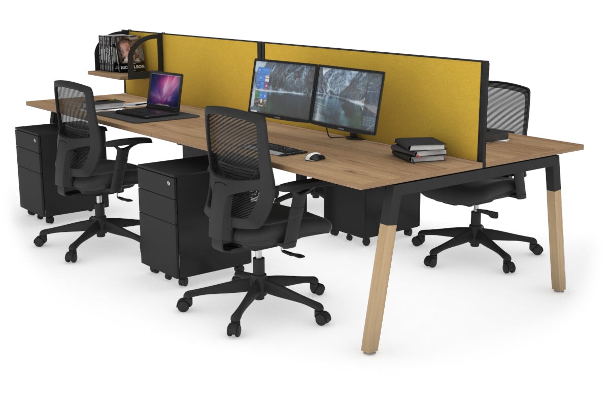 Quadro A Legs 4 Person Office Workstation - Wood Legs Cross Beam [1600L x 700W]-black leg salvage oak mustard yellow (500H x 1600W)