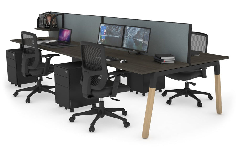 Quadro A Legs 4 Person Office Workstation - Wood Legs Cross Beam [1600L x 700W]-black leg dark oak cool grey (500H x 1600W)