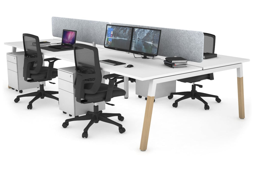 Quadro A Legs 4 Person Office Workstation - Wood Legs Cross Beam [1600L x 800W with Cable Scallop]-white leg white light grey acoustic panel (400H x 1600W)