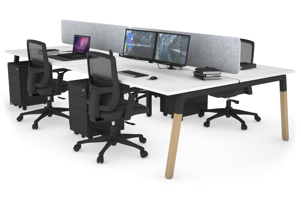Quadro A Legs 4 Person Office Workstation - Wood Legs Cross Beam [1600L x 800W with Cable Scallop]-black leg white light grey acoustic panel (400H x 1600W)