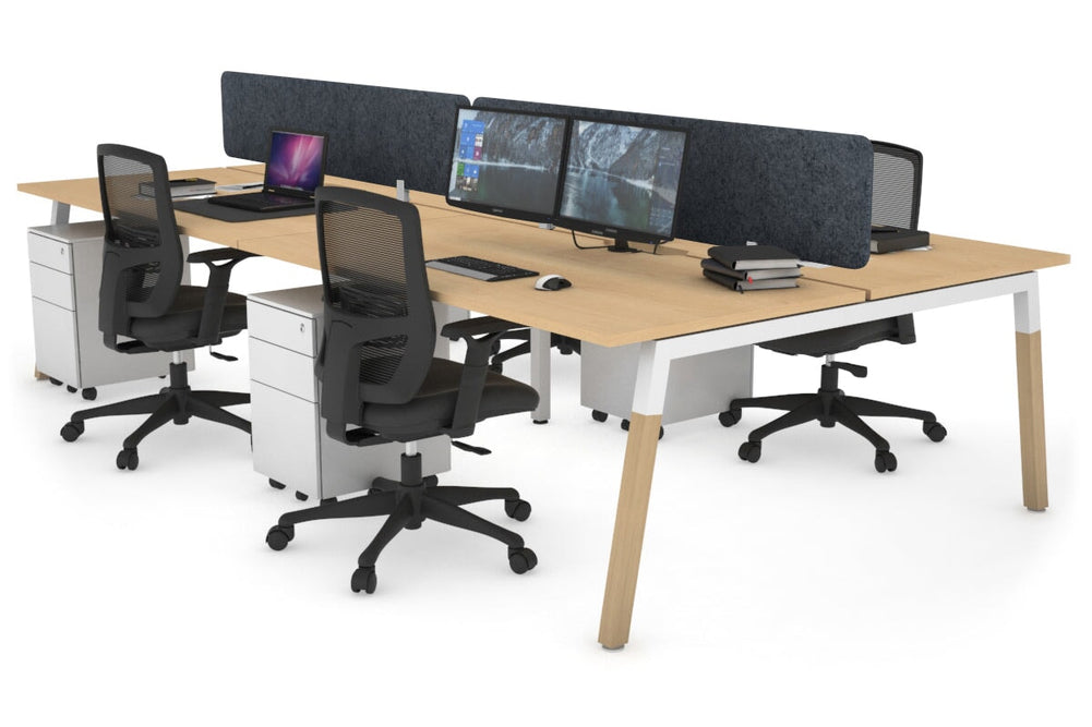 Quadro A Legs 4 Person Office Workstation - Wood Legs Cross Beam [1600L x 800W with Cable Scallop]-white leg maple dark grey acoustic panel (400H x 1600W)