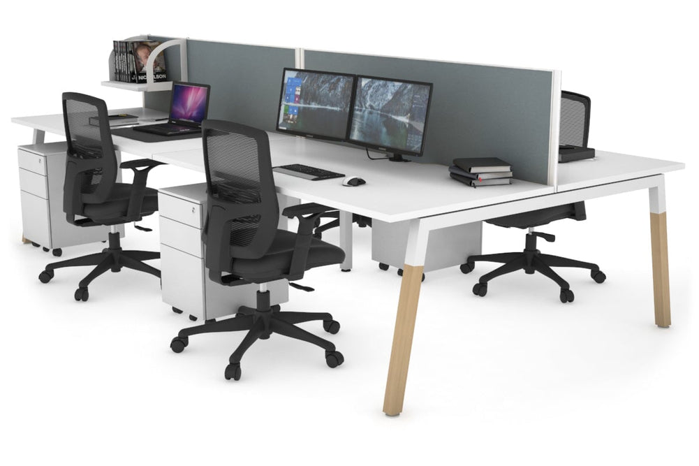 Quadro A Legs 4 Person Office Workstation - Wood Legs Cross Beam [1600L x 800W with Cable Scallop]-white leg white cool grey (500H x 1600W)