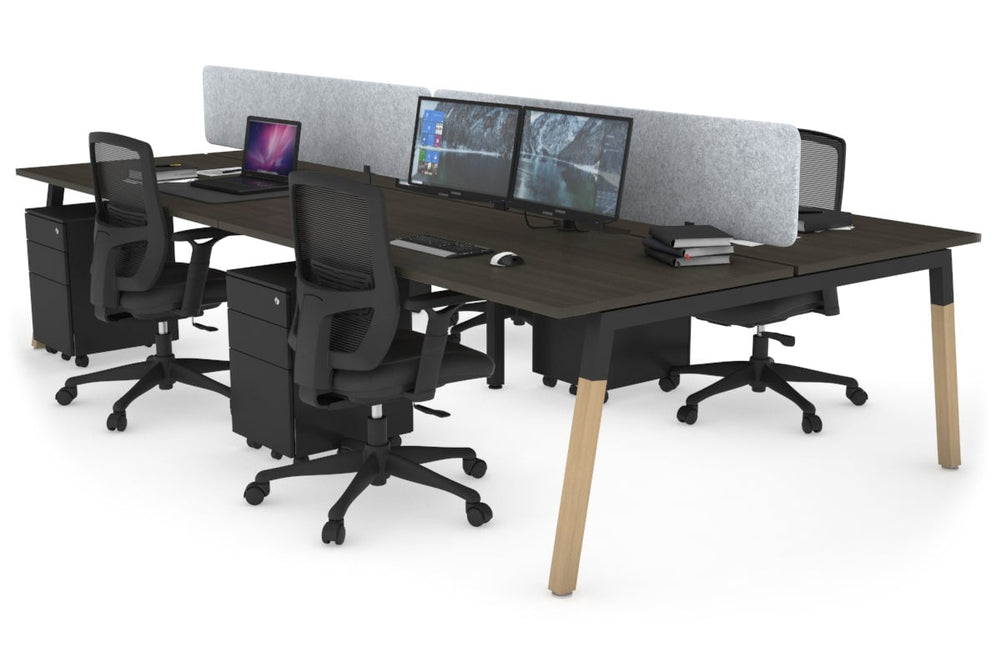 Quadro A Legs 4 Person Office Workstation - Wood Legs Cross Beam [1600L x 800W with Cable Scallop]-black leg dark oak light grey acoustic panel (400H x 1600W)