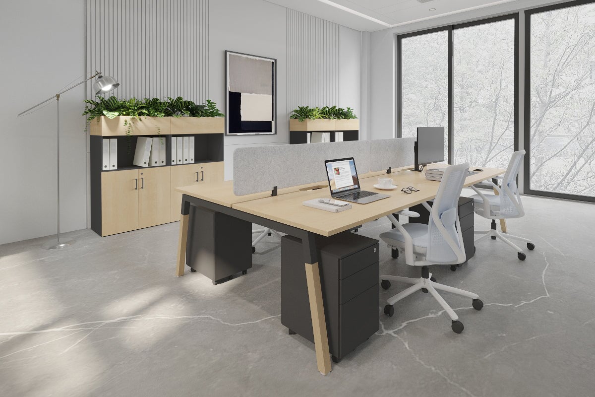 Quadro A Leg 4 Person Office Workstations - Wood Leg Cross Beam [1600L x 800W with Cable Scallop] Jasonl 
