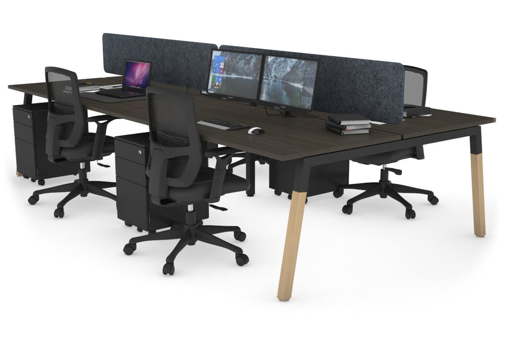 Quadro A Legs 4 Person Office Workstation - Wood Legs Cross Beam [1600L x 800W with Cable Scallop]-black leg dark oak dark grey acoustic panel (400H x 1600W)