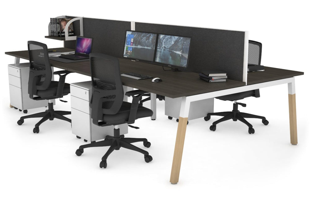 Quadro A Legs 4 Person Office Workstation - Wood Legs Cross Beam [1600L x 800W with Cable Scallop]-white leg dark oak moody charcoal (500H x 1600W)