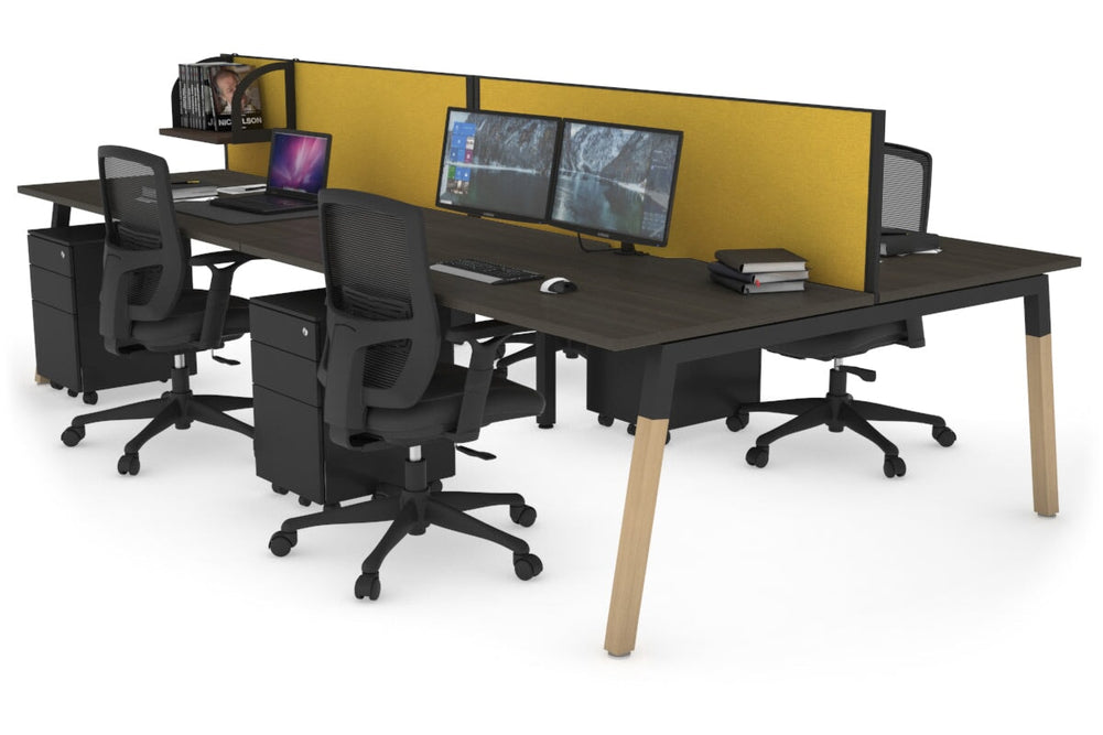 Quadro A Legs 4 Person Office Workstation - Wood Legs Cross Beam [1600L x 800W with Cable Scallop]-black leg dark oak mustard yellow (500H x 1600W)